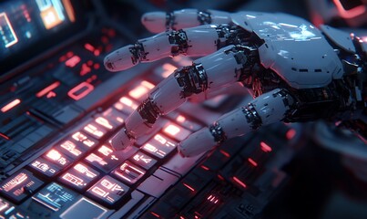 Poster - A robotic hand interacting with a high-tech keyboard.