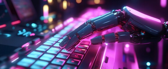 Poster - A robotic hand interacts with a glowing keyboard in a digital environment.