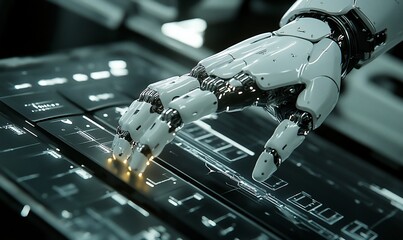 Poster - A robotic hand interacting with a futuristic digital interface.