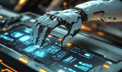 Poster - A robotic hand interacts with a high-tech control panel.