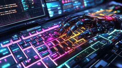 Poster - A robotic hand interacts with a vibrant, illuminated keyboard.