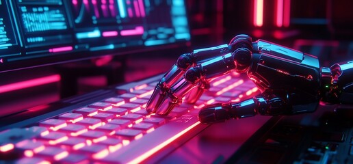 Poster - A robotic hand typing on a glowing keyboard in a futuristic setting.