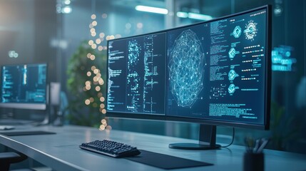 A serene workspace featuring a computer setup designed for AI research and development