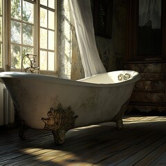 Canvas Print - Vintage Clawfoot Tub in Rustic Bathroom Interior