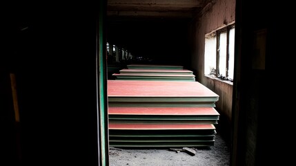 Wall Mural - Abandoned Factory Interior with Stacked Metal Sheets and Dusty Windows