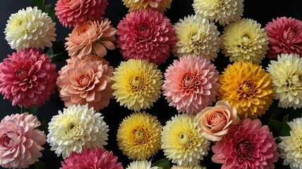 Wall Mural - Colorful dahlia and rose blossoms arranged on black background.