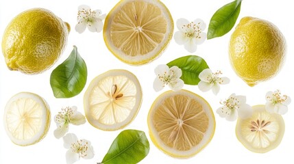 Wall Mural - Fresh lemons, slices, leaves, and blossoms on white background.