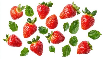 Wall Mural - Fresh ripe strawberries and green leaves isolated on white background.