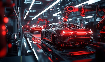 Fototapete - Futuristic automotive assembly line with robotic arms and sleek cars.