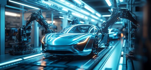 Fototapete - Futuristic car assembly line with robotic arms in a high-tech environment.