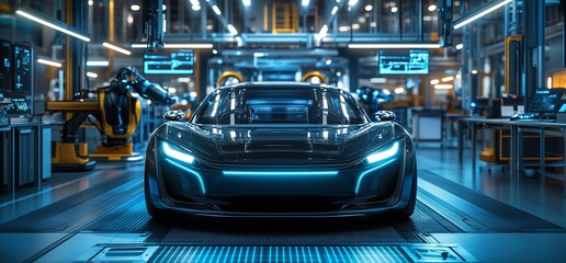 Poster - Futuristic car in a high-tech manufacturing facility.