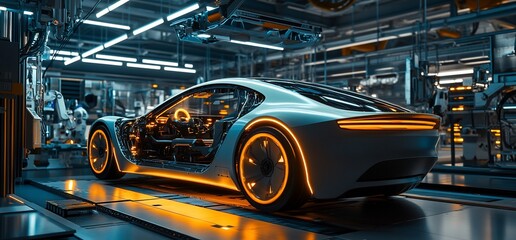 Poster - Futuristic car in a high-tech manufacturing facility.