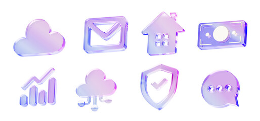 Wall Mural - 3d set of glass holographic ui icon for app or web design. Iridescent crystal shield, email envelope, ai cloud, home, money bill, speech bubble and chart with gradient texture render. 3D illustration