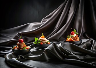 Wall Mural - Elegant Food Presentation on Black Chiffon Fabric with Draped Folds, Showcasing Culinary Delights Against a Wave Textile Background for Gourmet Photography