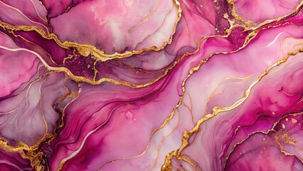 Wall Mural - Elegant Pink Liquid Marble Watercolor Background with Gold Lines and Brush Stains, Featuring a Purple Marbled Alcohol Ink Drawing Effect for Stunning Visuals