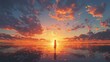© Natchooda - A breathtaking sunset at the beach with soft golden light reflecting off the water and the sky ablaze with colors as the sun dips below the horizon.