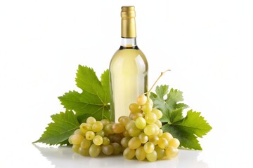 A bottle of white wine sits next to a bunch of grapes