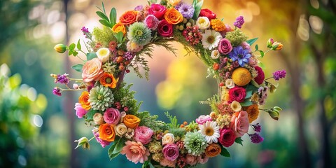 Wall Mural - Elegant Round Wreath of Floral Elements Showcasing Nature's Beauty with Vibrant Colors and Delicate Petals for Home Decor and Event Styling