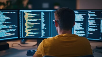 Focused programmer working on multiple computer screens at night.