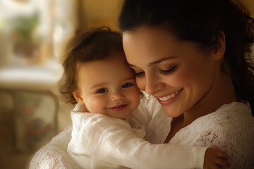 A heartwarming portrait of a young mother holding her toddler in a brightly lit cozy indoor setting