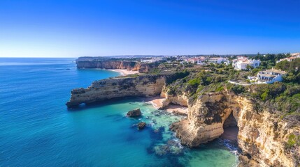  A serene and awe-inspiring panoramic view of Benagil cave along Algarve's coastline, showcasing its unique geological beauty and natural allure