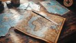 © Synthetic Stock Lab - Antique world map on wooden desk with compass and papers.