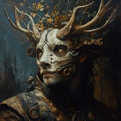 Wall Mural - Mysterious Figure in Antler Mask: Dark Fantasy Portrait