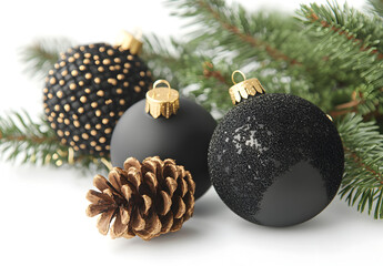 Wall Mural - Black and gold Christmas decorations with pine cones, glittery ornaments on white background.