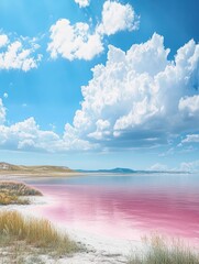 Wall Mural - pink lake and sandy beach with a sea bay under a blue sky with clouds