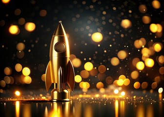 Wall Mural - Enchanting Gold Rocket Ship Sculpture Illuminated with Glowing Light on a Black Background, Captured with a Bokeh Effect for a Stunning Visual Experience