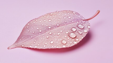 Fototapete - A close-up of a pink leaf adorned with water droplets on a soft pink background.
