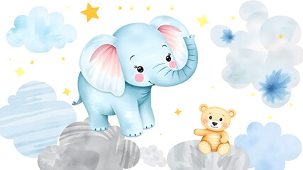  Elephant Bear Clouds and Stars watercolor animals illustration on white background, for cover book, print, baby shower, nursery decorations, birthday invitations, poster, greeting card. Generative AI
