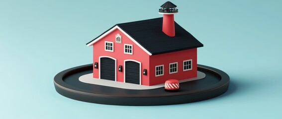 Leinwandbilder - A stylized red house with a chimney and garage, set on a circular base.