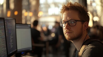 Aufkleber - A focused individual working on coding in a modern workspace with multiple screens.