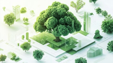 Aufkleber - A stylized green landscape featuring a large tree amidst geometric structures and greenery.