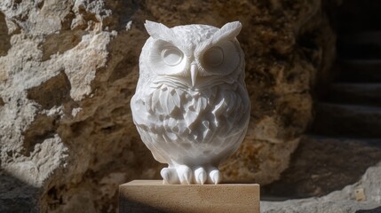 Leinwandbilder - A finely carved marble owl sculpture displayed on a stone pedestal.