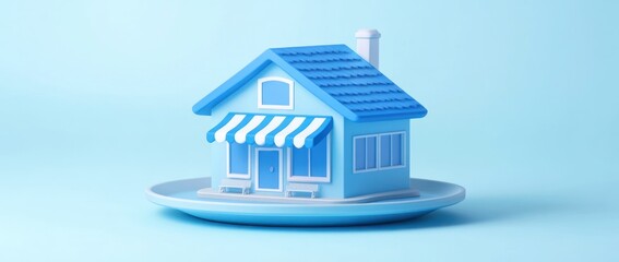 Leinwandbilder - A stylized blue house model on a plate, symbolizing home and comfort.