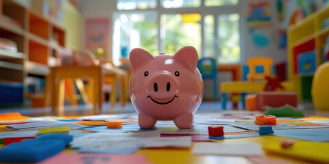 Aufkleber - A cheerful piggy bank sits among colorful papers in a vibrant classroom setting.