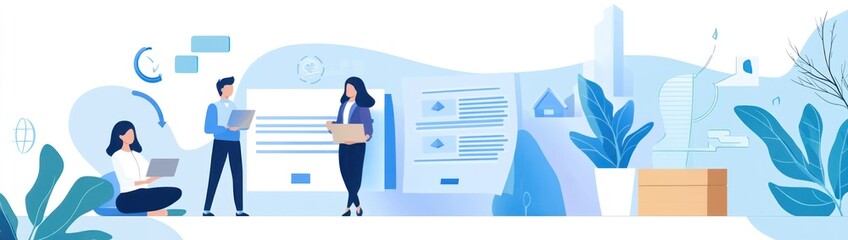 Poster - Illustration of a collaborative workspace with people engaged in digital tasks.