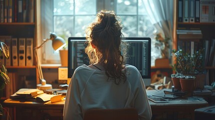 Leinwandbilder - A teacher women seen from behind, sitting in front of a computer screen.