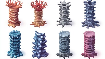 Aufkleber - A collection of abstract, tower-like structures with organic forms and varying colors.