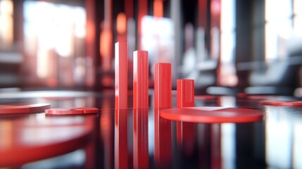 Poster - A modern visual representation of data with red bars and circular shapes on a reflective surface.