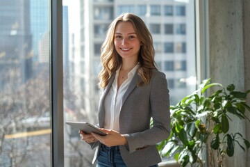 Professional woman business attire gray blazer white shirt jeans holding tablet modern office