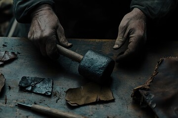 Poster - A craftsman using a mallet on leather pieces, showcasing traditional craftsmanship.