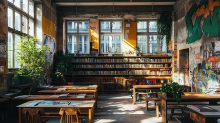 Aufkleber - A cozy library with wooden tables, bookshelves, and natural light filtering through windows.
