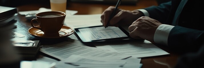 Poster - A person writing notes with a tablet, coffee, and papers on a desk.