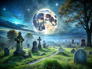 Poster - Enigmatic Double Exposure of a Graveyard Under a Full Moon, Merging Eerie Shadows with Celestial Beauty for a Hauntingly Atmospheric Scene