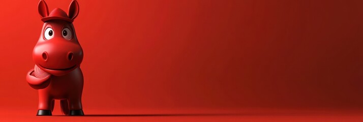Leinwandbilder - A cheerful red cartoon horse stands against a solid red background, exuding playfulness.