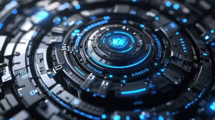 Fototapete - A futuristic, circular design with glowing blue elements, suggesting advanced technology.