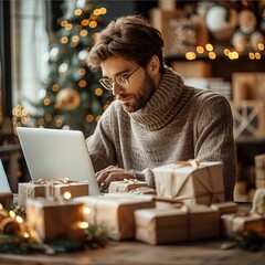 Aufkleber - A modern business professional working confidently in a holiday-themed office. a sleek desk with a laptop displaying analytics, neat stacks of packages or shipping boxes in the background.